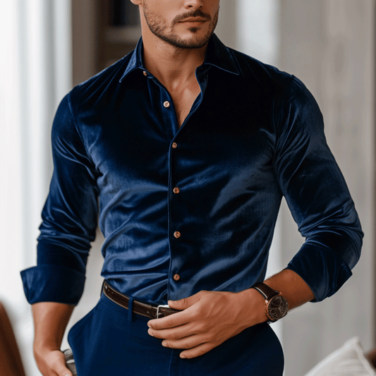 Men's Regular Fit Crushed Velvet Dark Blue Shirt