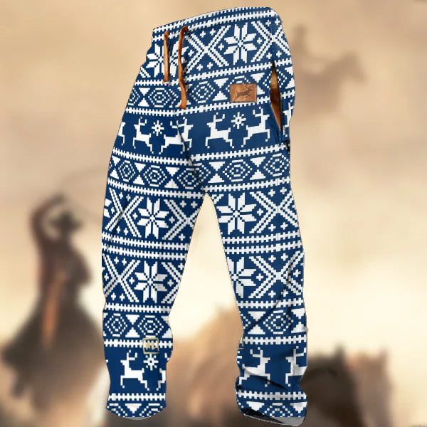 Men's Retro Country Western Christmas Sweater Texture Elk Pint Casual Sweatpants