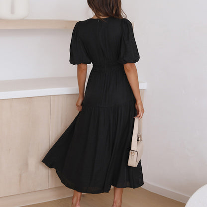 New Luxury Holiday Style Deep V Puff Sleeve Dress