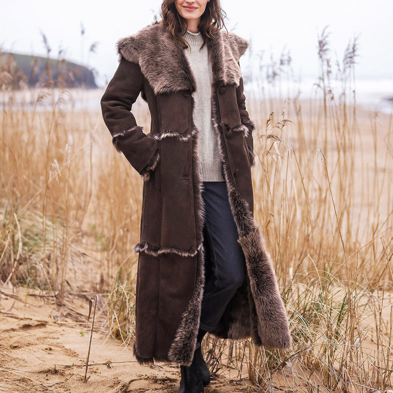 Women's Vintage Suede Fleece Fur Long Shearling Hooded Jacket Afghan Coat