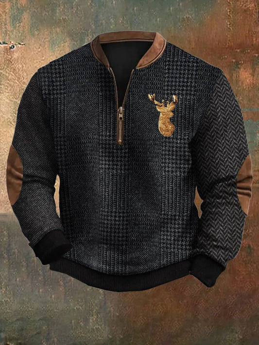 Men's Vintage Knitted Metallic Elk Print Zipper Neck Sweatshirt