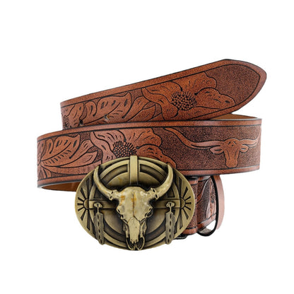 Men's Retro Western Longhorn Metal Buckle Wear-Resistant Genuine Leather Jeans Belt