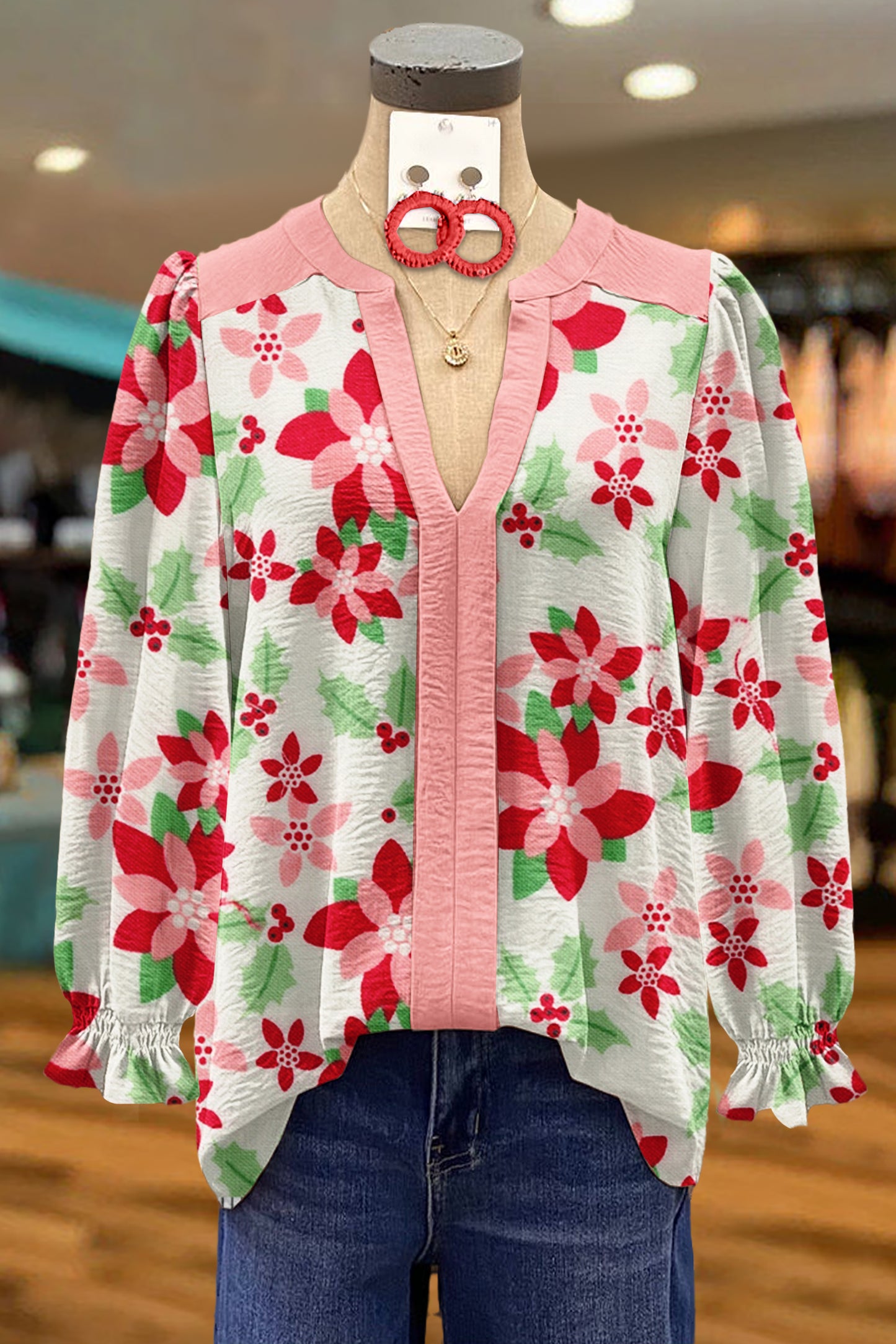 Classic Floral Print V-Neck Long Sleeve Blouse