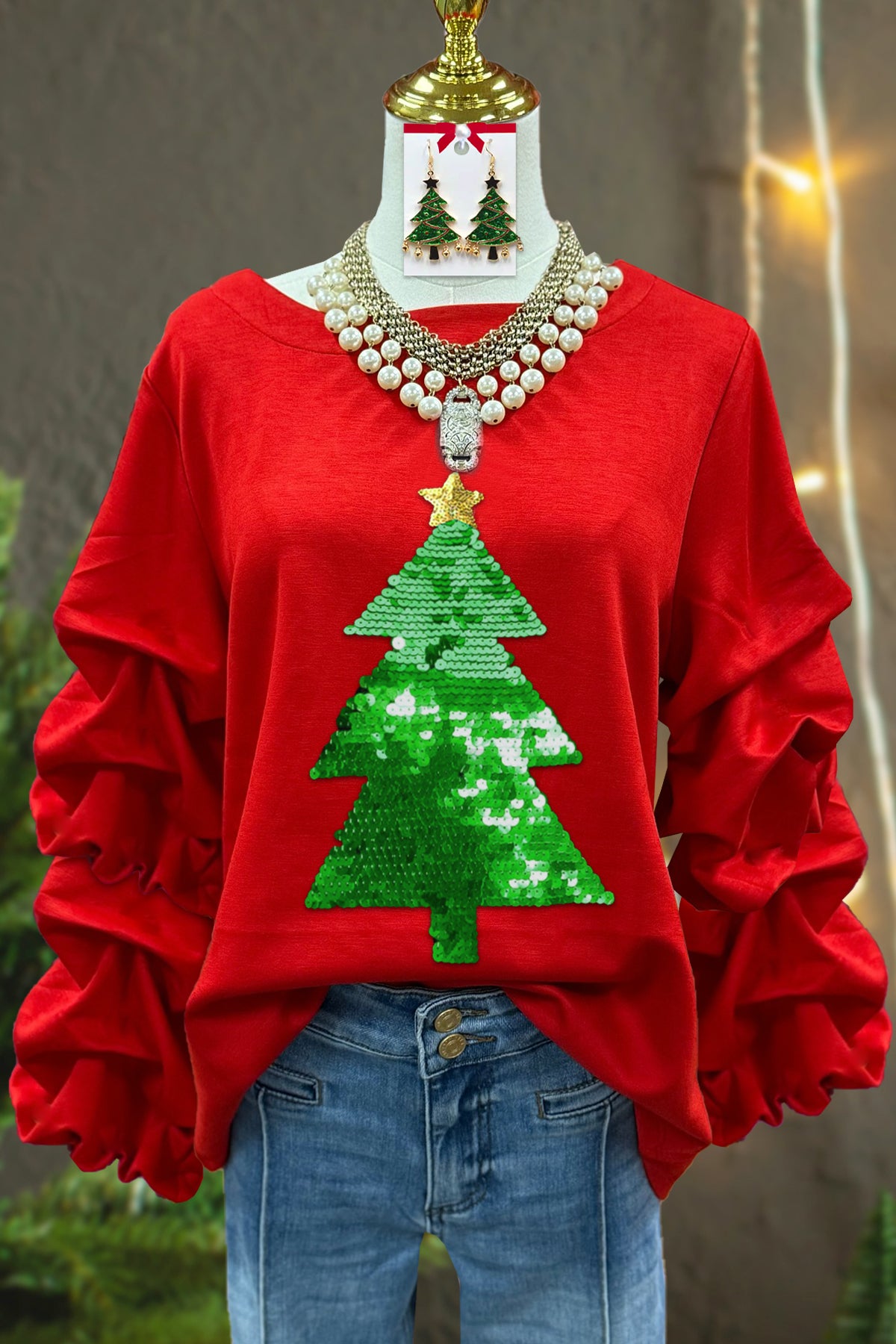 Classic Christmas Tree Sequined Pleated Sweatshirt