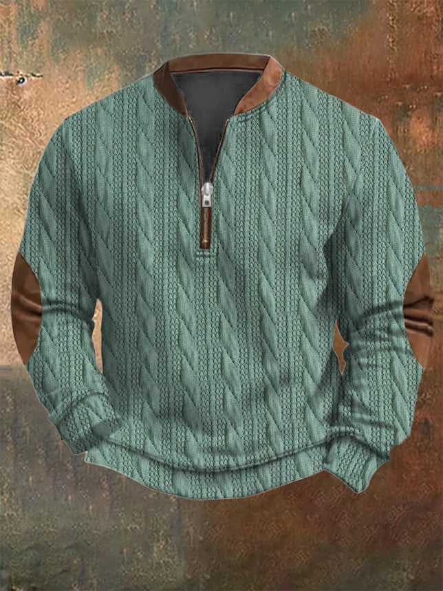 Men's Western Vintage Knitted Patchwork Printed Zip Collar Sweatshirt