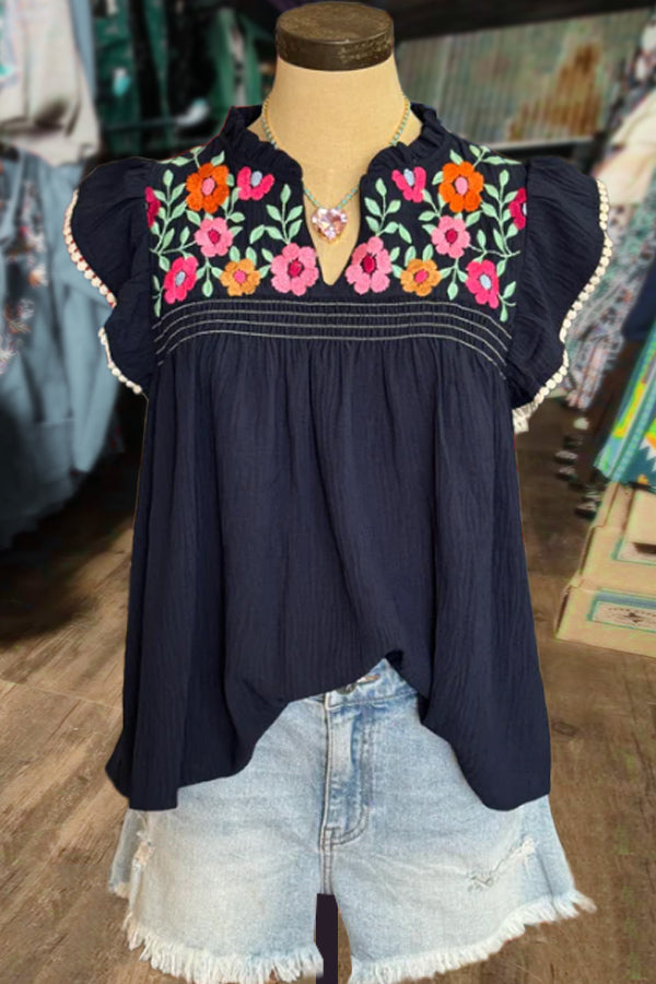 Elegant Floral Embroidered Flutter Sleeve Top