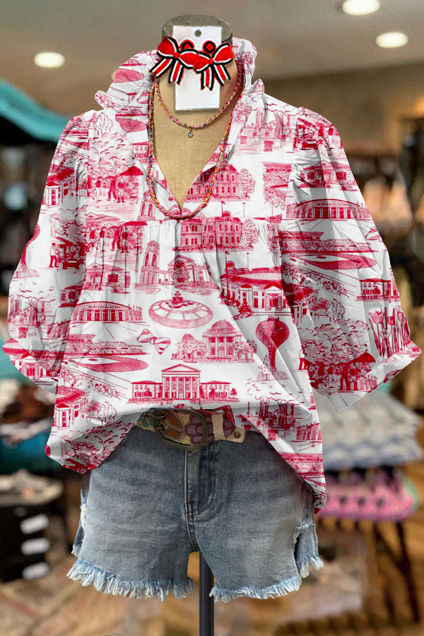 Classic Puff Sleeve Ole Miss Print Blouse