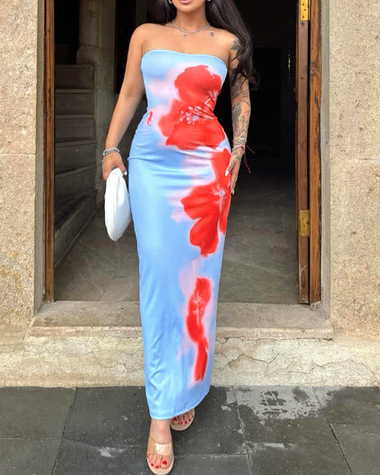 Contrast Color Printed Strapless Slit Slim Long Dress