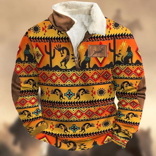 Men's Vintage Kokopelli Print Elk Logo Zip Up Fur Collar Sweatshirt