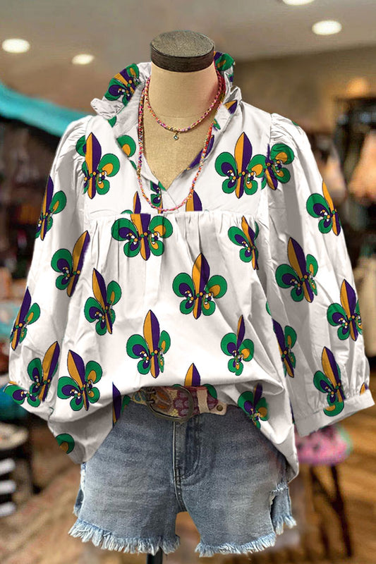 Mardi Gras Printed V-neck Puff Sleeve Blouse