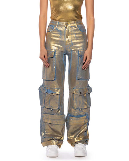 Pocket Cargo Style Metallic Jeans