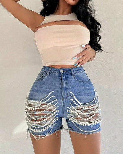 High Waist Handmade Bead Chain Ripped Denim Shorts