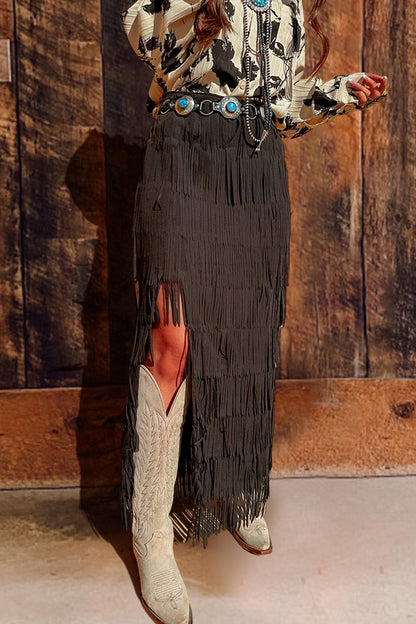 Romantic Fringed Slit Skirt