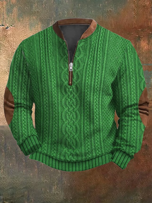 Men's Western Vintage Knitted Patchwork Printed Zip Collar Sweatshirt