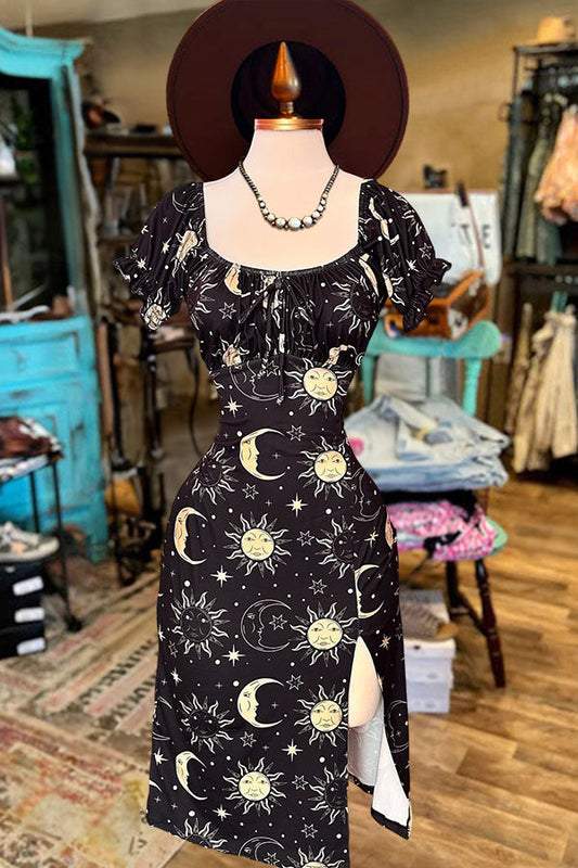 Vintage Star And Sun Print Slit Dress