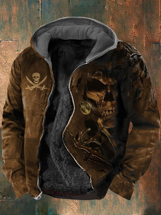 Men's Retro Western Print Velvet Zip Outerwear