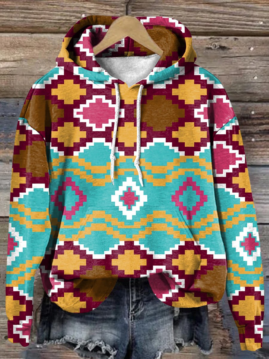 Retro Pixel Rhombus Art Print Casual Hoodie Sweatshirt