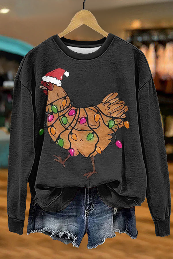 Cute Christmas Rooster Print Sweatshirt