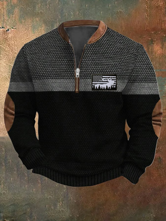 Men's Vintage Knit Print Zip-Up Sweatshirt