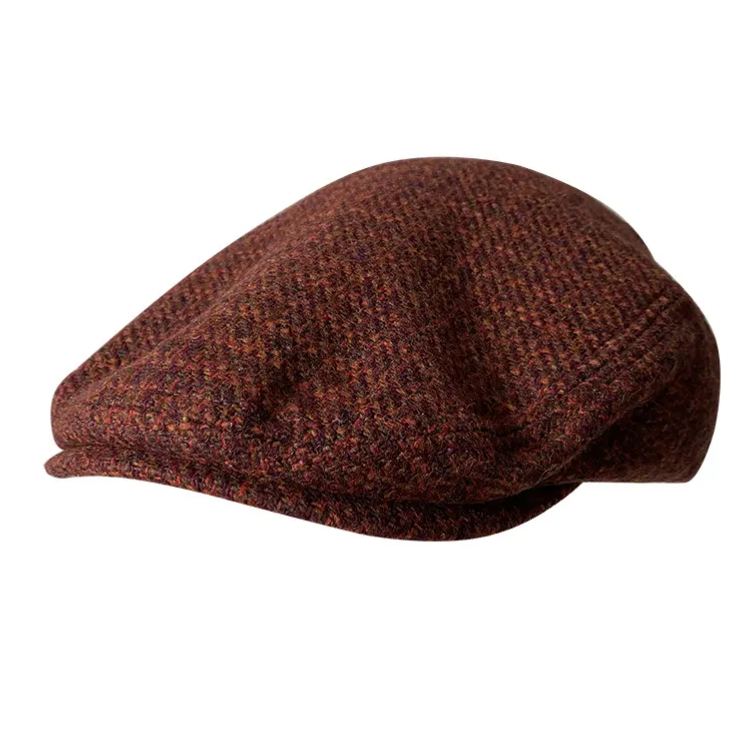 THE PEAKED Marl Flat Hat Wine-Harris Tweed