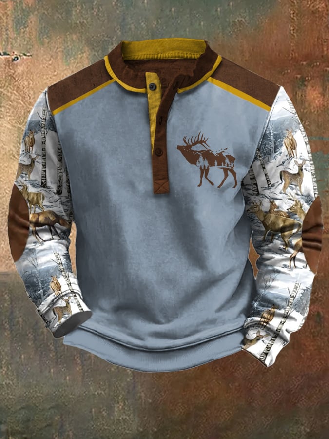 Men's Casual Vintage Contrast Elk Western Sweatshirt