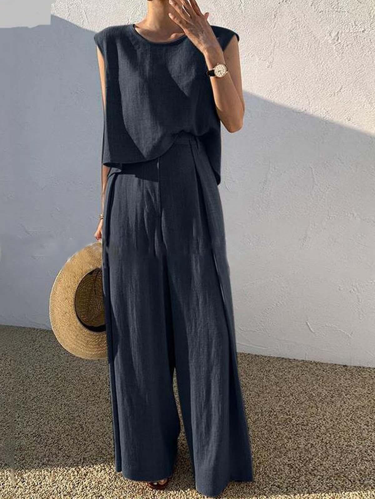 Plain Sleeveless Tank Top & Wide Leg pants