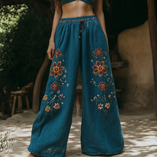 Women's Retro Linen Bohemian Ethnic Flowers Art Long Loose Wide-leg Trouser Pants