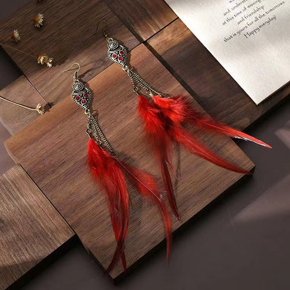 Bohemian Long Feather Tassel Handmade Earrings