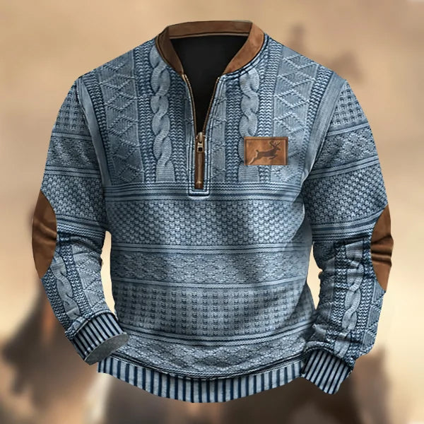 Men's Vintage Western Elk Hunting Knit Print Zipper Stand Collar Casual Sweatshirt