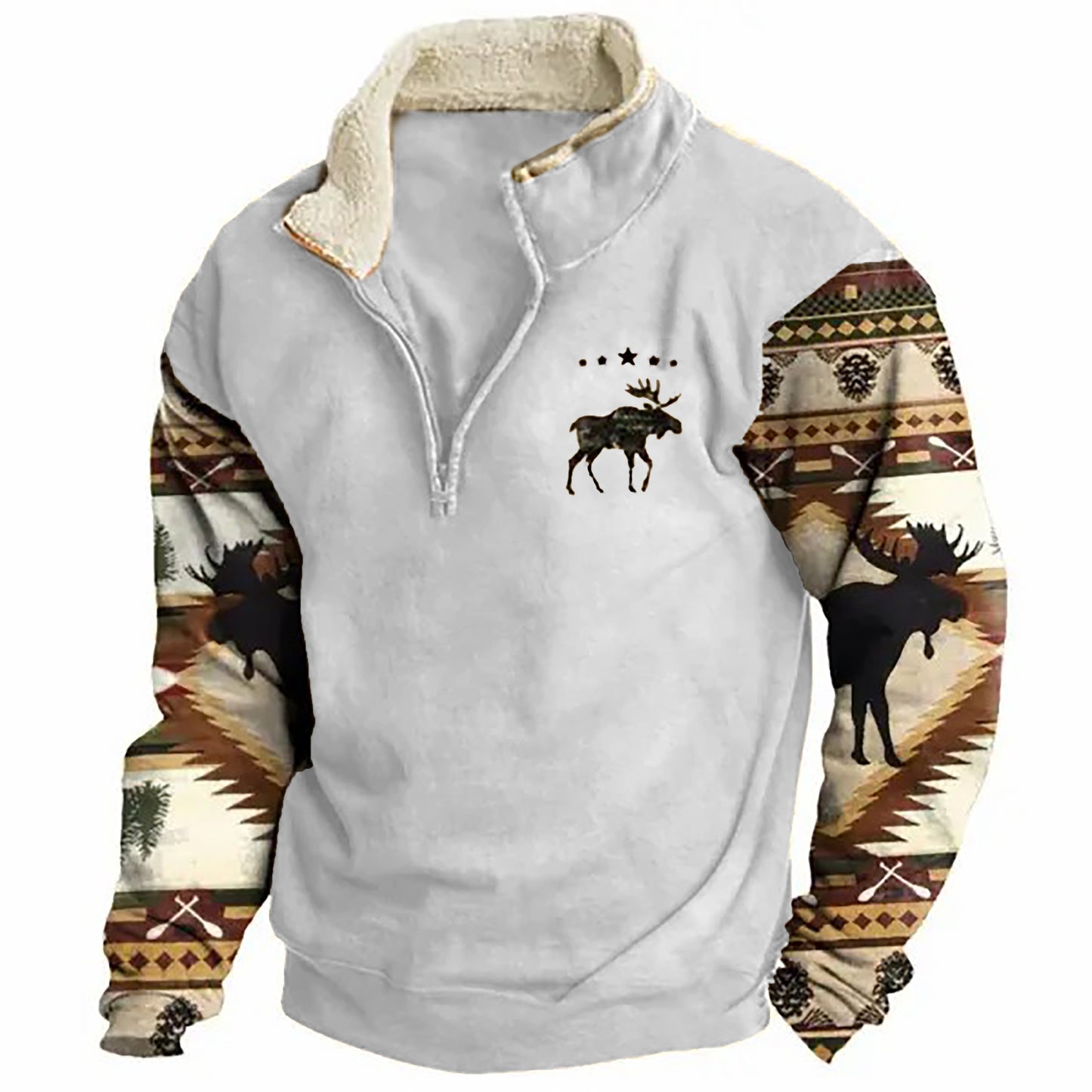 Men's Sweatshirt Retro Moose Creek Ethnic Print Plush Half Open Collar Pullover