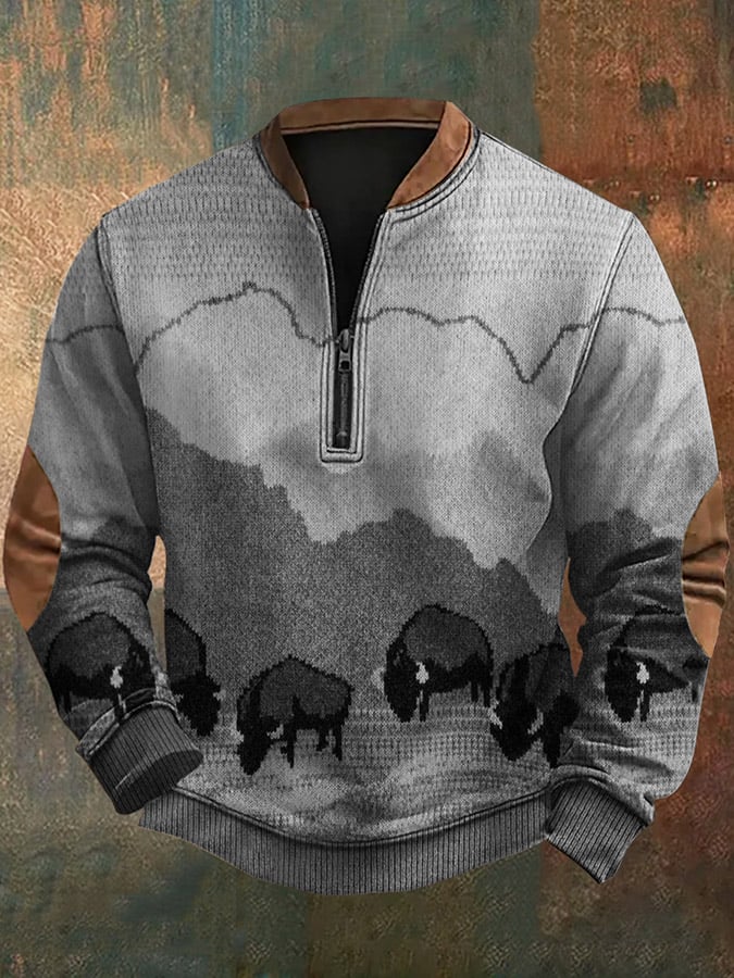 Men's Vintage Western Knit Print Zip-Neck Sweatshirt