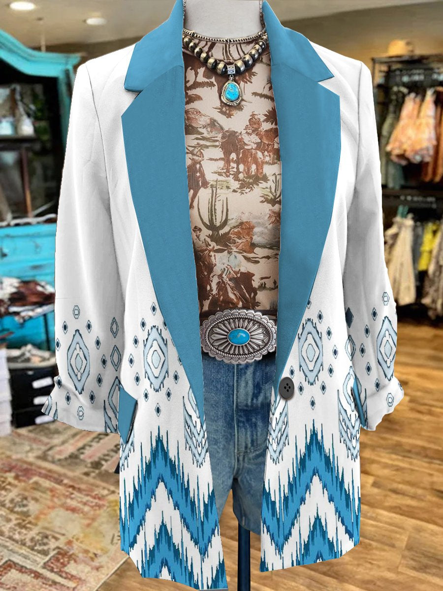 Women's White Vintage Aztec Print 3/4 Sleeve Casual Blazer