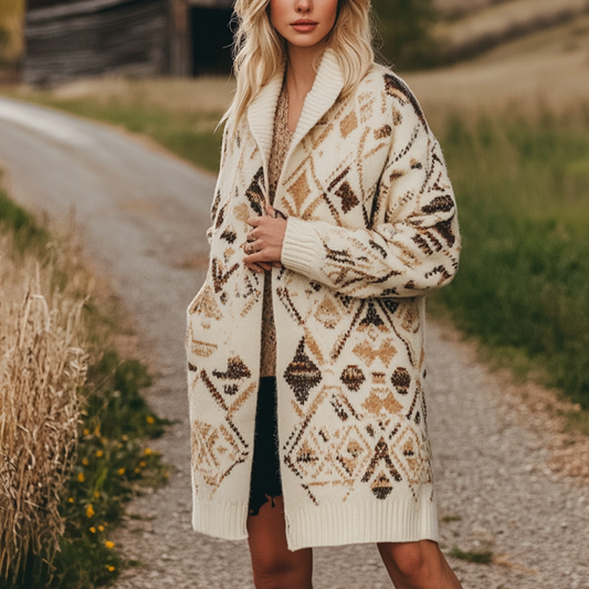 Women's Vintage Western Aztec Print Patterns Cream Color Long Sleeved Woolen Coat Jacket