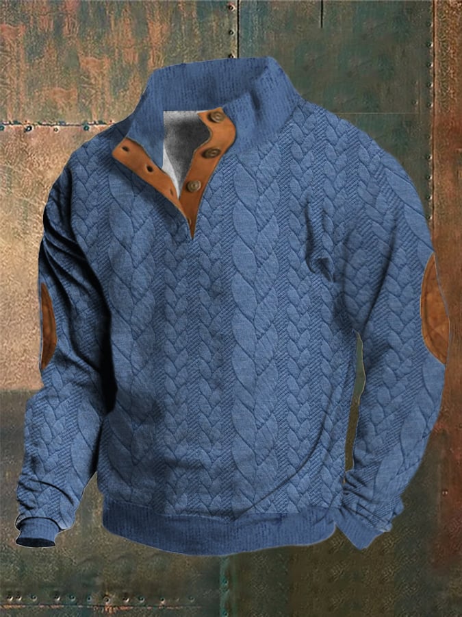 Men's Western Vintage Knitted Jacquard Print Stand Collar Button Sweatshirt