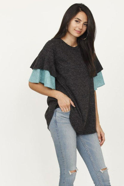 Plus Color Block Sleeve Ruffle Knit Top  choice of colors