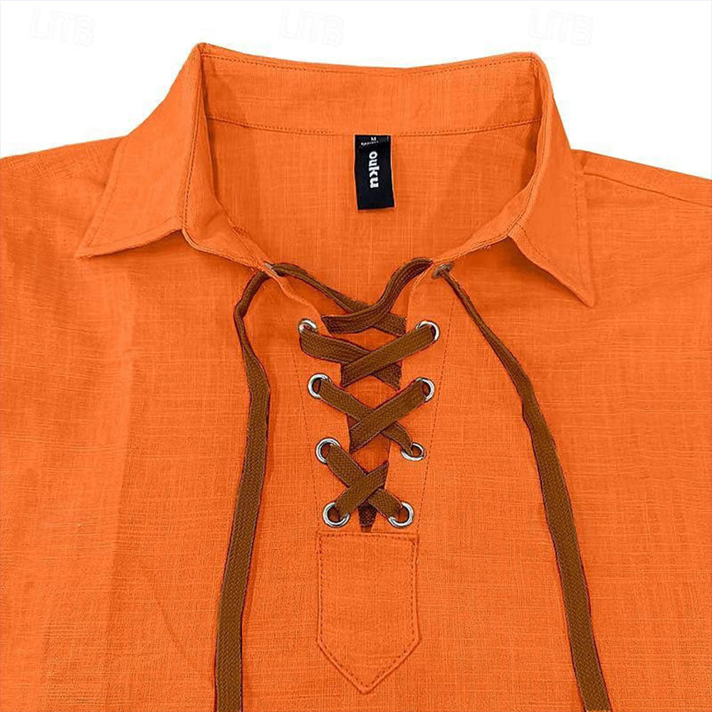 Men's Solid Color Linen Lapel Tie Shirt