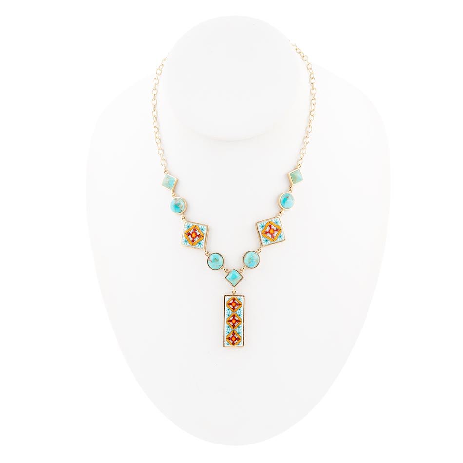 Barse Talavera Tile and Blue Turquoise Golden Y-Neck