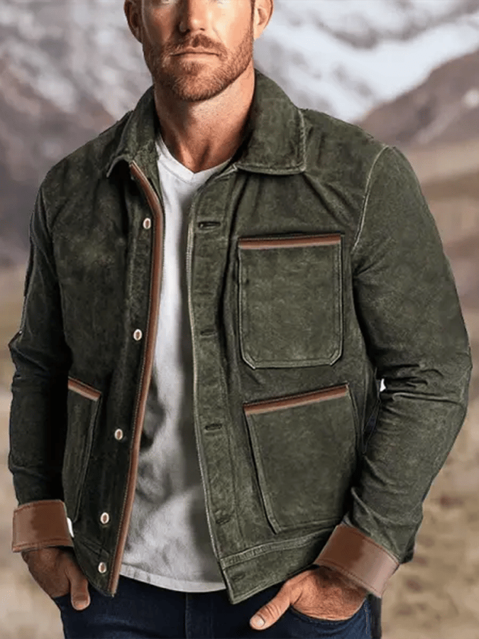 Men's Vintage Suede Leather Paneled Pocket Outdoor Jacket