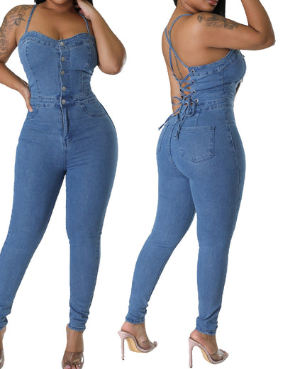 Skinny Stretch Fit Backless Bandage Denim Jumpsuit