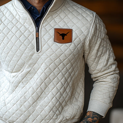 Men's Vintage Western Texas Longhorn Zip-Up Stand Collar Waffle Sweatshirt