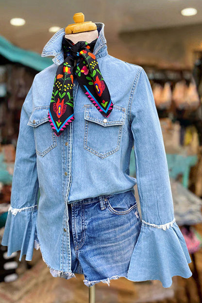 Flared Sleeve Frayed Denim Shirt