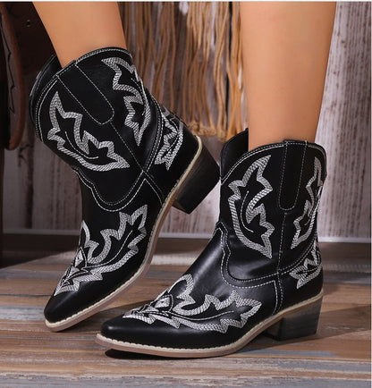 Women's Vintage Embroidered Block Heel Short Western Boots