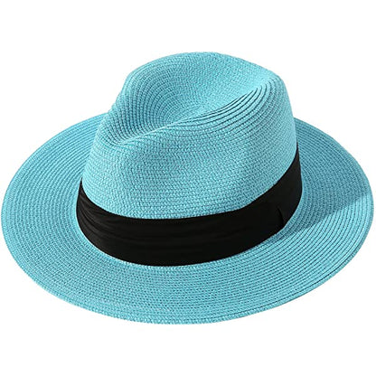 Wide Brim Straw Panama Roll up Hat Belt Buckle Fedora Beach Sun Hat