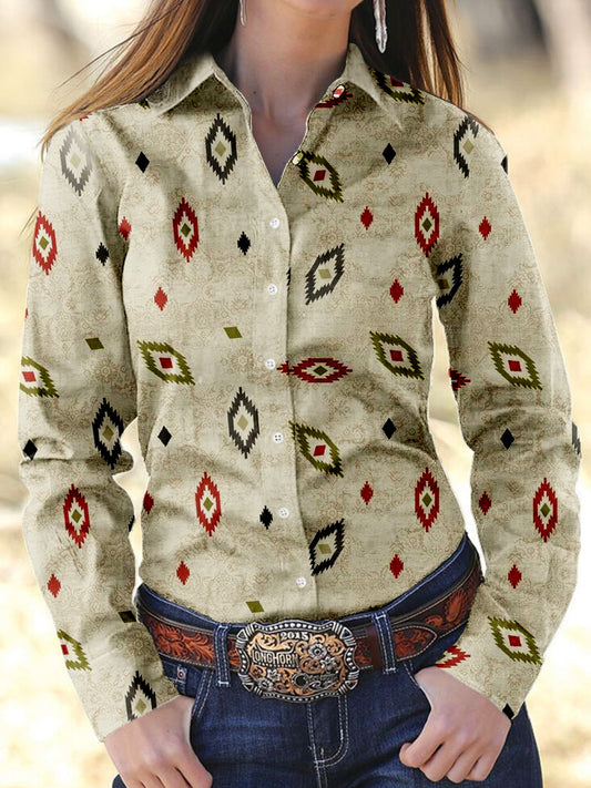 Vintage Western Ethnic Pattern Long Sleeve Cozy Blouse