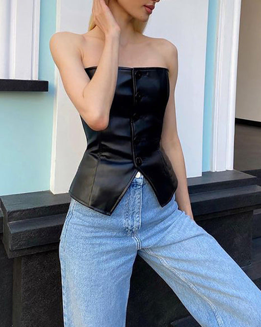 Single-Breasted Bateau Neck Strapless Leather Top