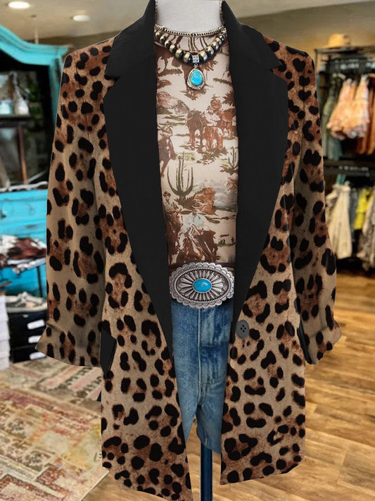 Women's Brown Leopard Print 3/4 Sleeve Casual Blazer