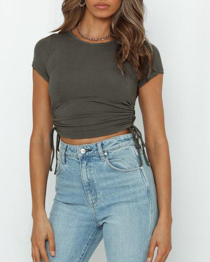 Midriff-Baring Drawstring Crew Neck T-Shirt Top