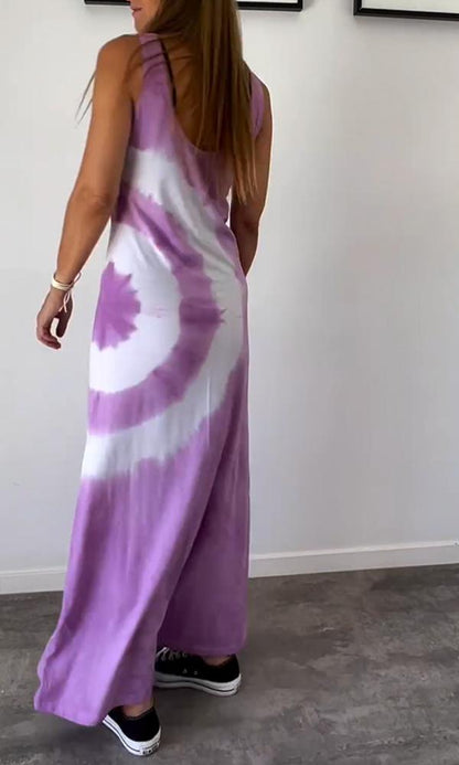 Women's Fashion Crew-neck Multi-color Tie-dye Print Sleeveless Dress