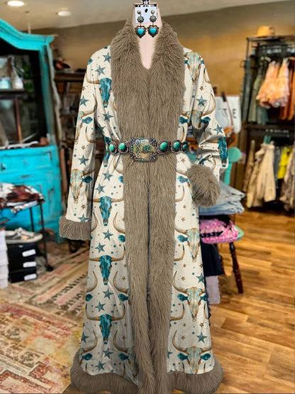 Women's Vintage  Printed Fur Patchwork Suede Long Afghan Coat