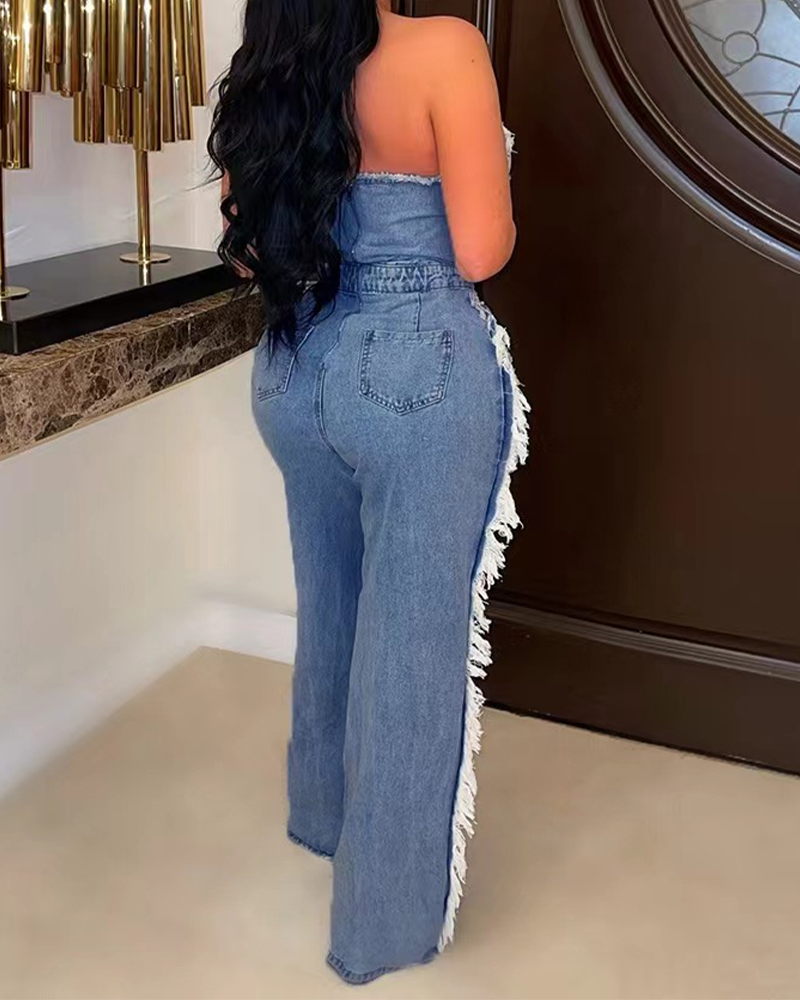 Tassel Hole Stud Denim Jumpsuit